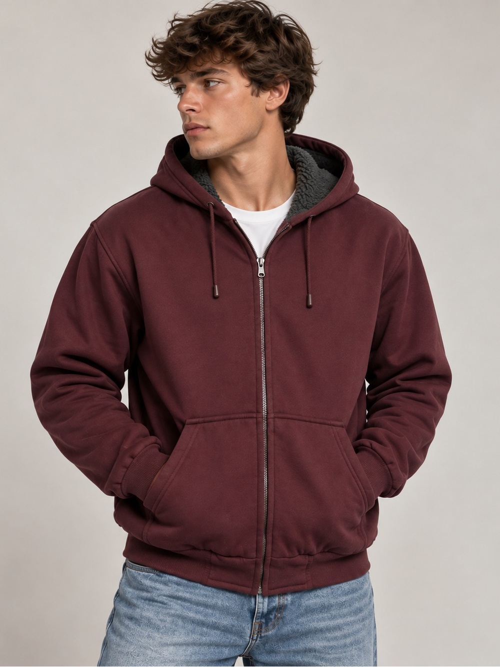 Men's Sherpa-Lined Full-Zip Hoodie in Burgundy